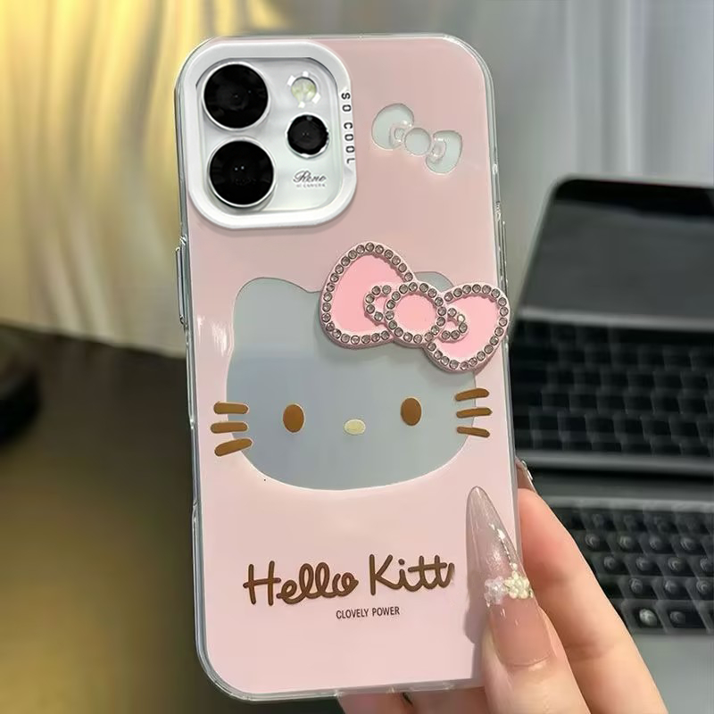 เคส OPPO Reno 16 15 15F 14 14F 13 13F 5G เคส OPPO Reno 16 15 14 Pro Max 5G Case ลายการ์ตูนน่ารัก แมวคิตตี้ พร้อมเพชร 3D สีชมพู โบว์ กันกระแทก ขอบซิลิโคนอ่อน เหมาะสำหรับนักเรียนและผู้หญิง