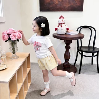Princess Kesli เสื้อยืดเด็กผู้หญิง เสื้อยืดแขนสั้น พิมพ์ลายการ์ตูน ประดับมุก แบบผูกเชือก แฟชั่นฤดูร้อน 2-12 ปี