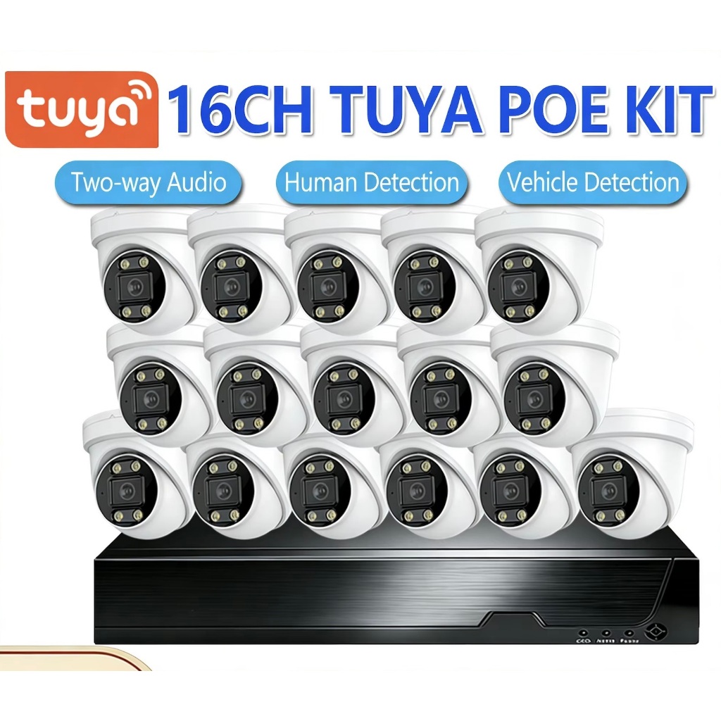 H.265 TUYA SMART HOME SECURITY 16CH 4K CLOUD POE KITS สีเต็มรูปแบบ IP67 โลหะ WEATHERPROOF 2 ทางเสียง