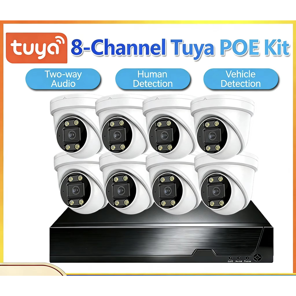 H.265 TUYA SMART HOME SECURITY 8CH 4K CLOUD POE KITS สีเต็ม IP66 โลหะ DOMEEYE WEATHERPROOF 2 ทาง AUD
