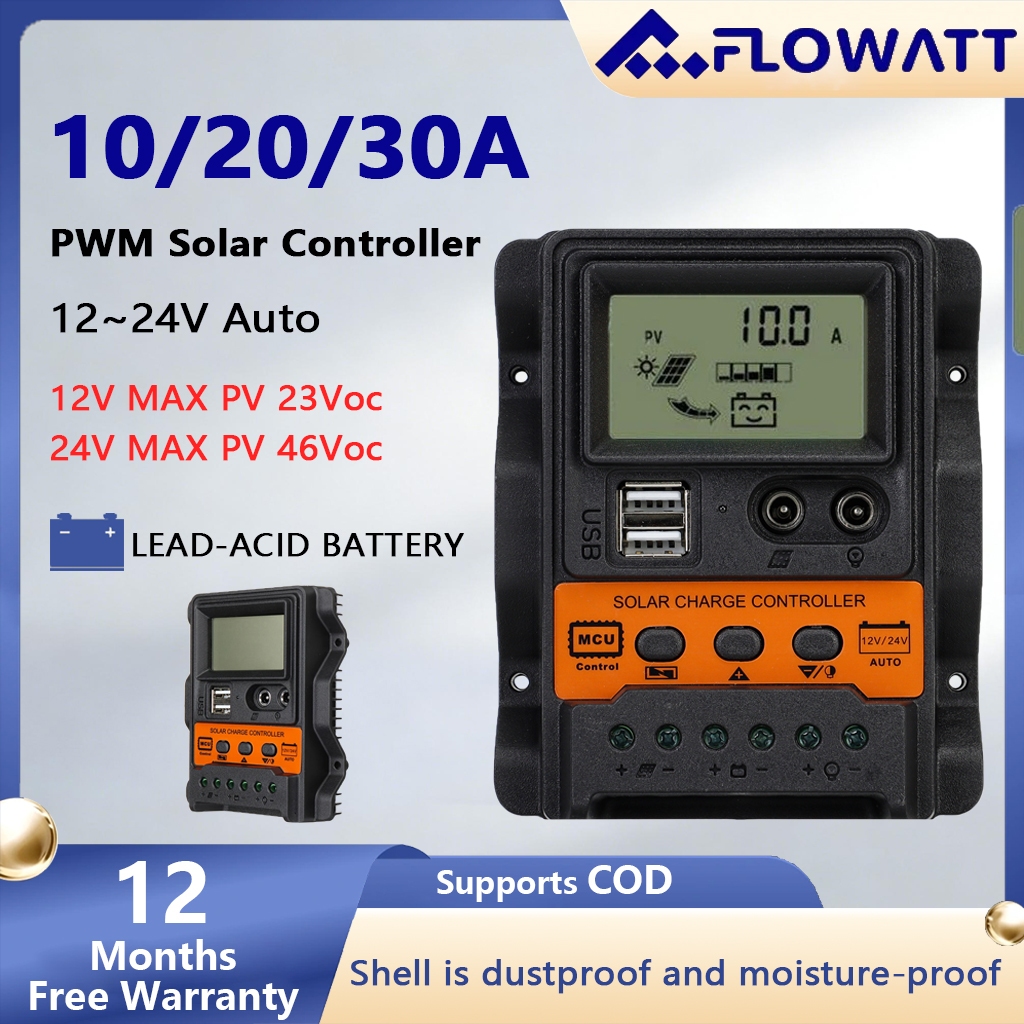 Flowatt PWM 30A 20A 10A ตัวควบคุมการชาร์จพลังงานแสงอาทิตย์ Dual USB 5V จอแสดงผล LCD แผงพลังงานแสงอาทิตย์ 12/24V Auto Battery Charger Regulator Controller