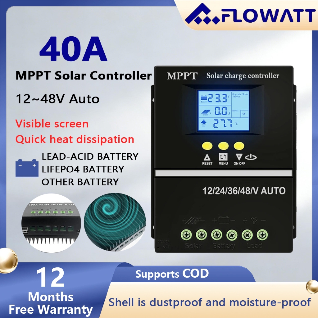 Flowatt MPPT 40A ตัวควบคุมการชาร์จพลังงานแสงอาทิตย์สูงสุด PV อินพุต 100V Dual USB จอแสดงผล LCD ตัวควบคุมอัจฉริยะ Suporrt 12V-48V ตะกั่วกรดและแบตเตอรี่ลิเธียม