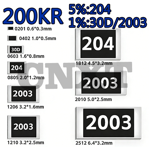 10 ~ 100PCS 200KR 200KΩ ความต้านทานชิป 5%/1% การพิมพ์ผ้าไหม: 204/2003/30D 0603 0805 1206
