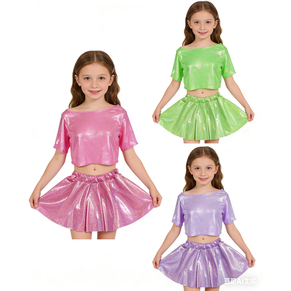 ชุดเด็ก ShiningStars Holographic 2 ชิ้น เดรสสบาย ๆ กับเสื้อครอปเงา สำหรับปาร์ตี้และการแสดงเต้นรำ