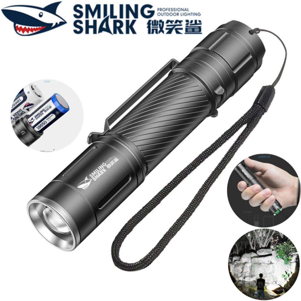 SMILING SAHRK ไฟฉาย LED ชาร์จไฟฉาย Super Bright XPE 3 โหมด Type-C Zoomable กันน้ําฉุกเฉินทุกวัน CampingLighting SD7115