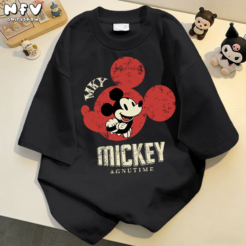 NFV เสื้อยืดคอกลมแขนสั้น✨แฟชั่นสไตล์เกาหลี ลายพิมพ์มิกกี้เมาส์ oversize ผ้านิ่ม ใส่สบายสาวอวบ YG1656
