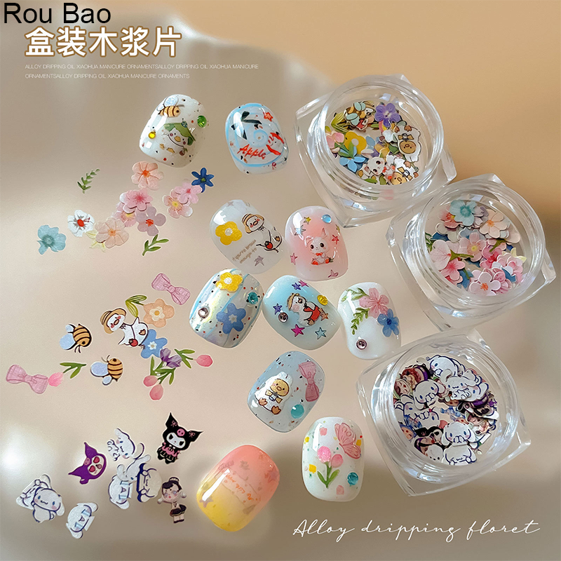 Rou Bao เล็บการ์ตูนแผ่นเยื่อไม้ดอกไม้สัตว์ Girly Nails Art Decorative