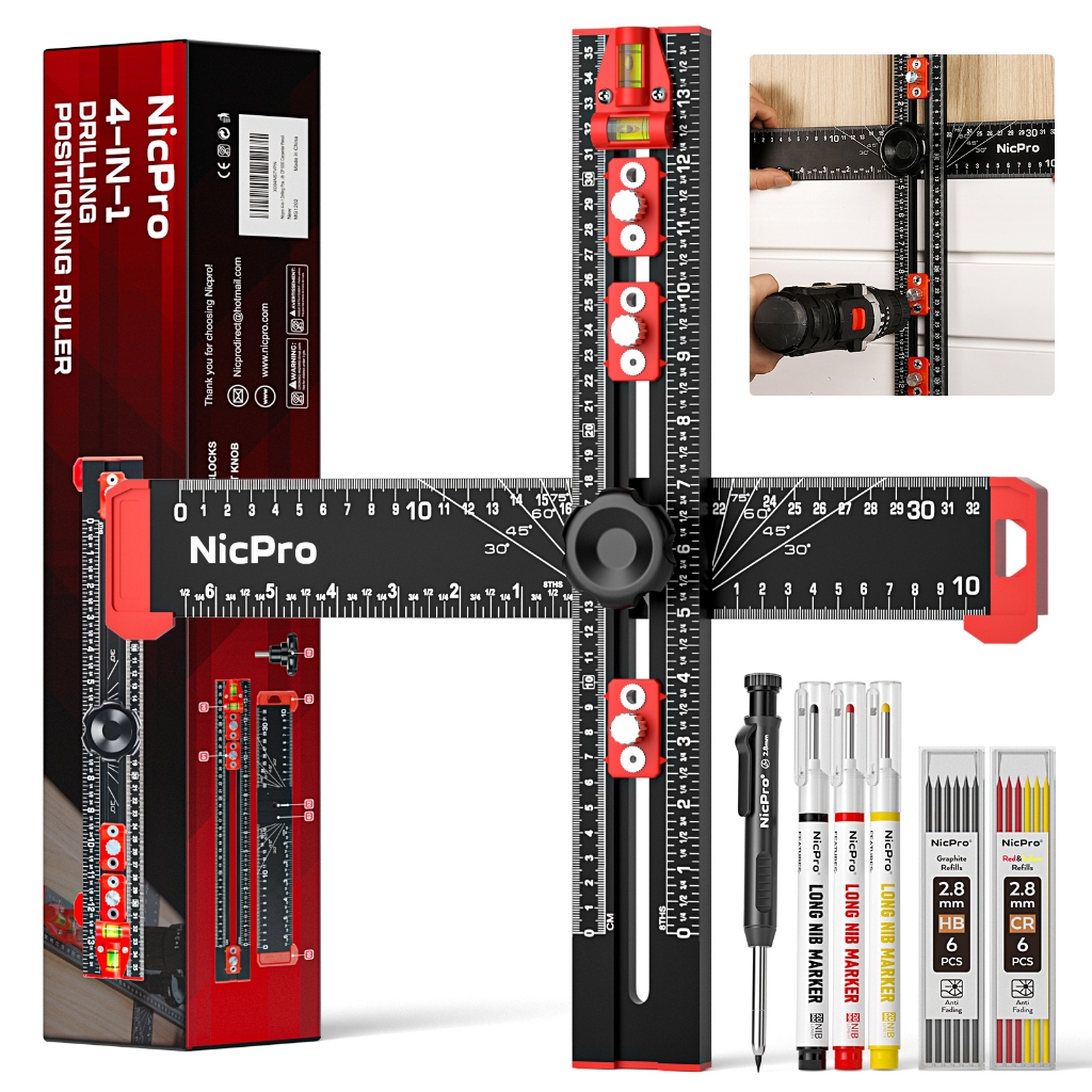 Nicpro 4-in-1 ไม้บรรทัด Scribing ปรับมัลติฟังก์ชั่ T Square พร้อมดินสอช่างไม้ สําหรับงานประตู ลิ้นชัก ตู้