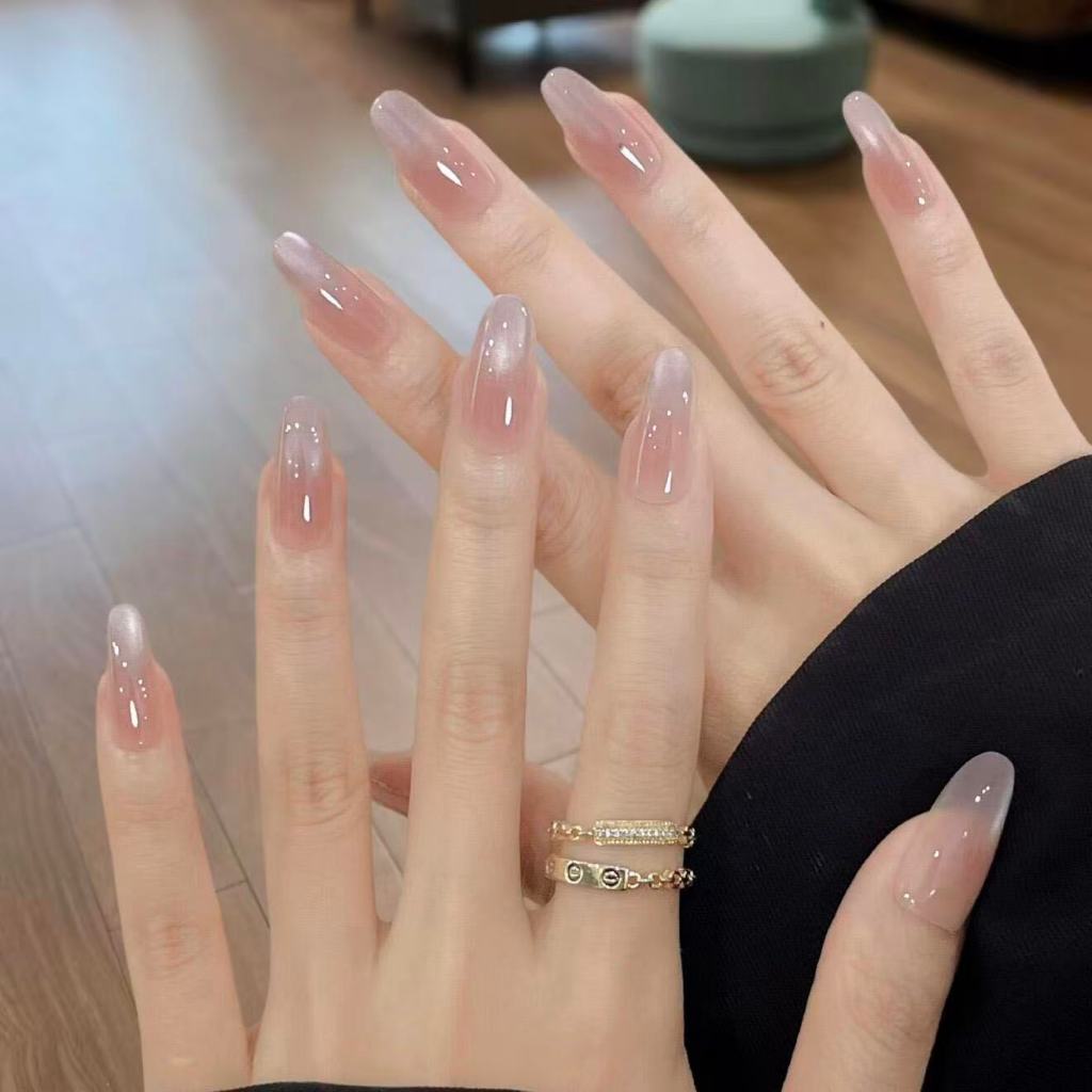 T051 เล็บปลอมสําเร็จรูป ทำด้วยมือ 10 ชิ้น/กล่อง สีม่วง อ่อนโยน สง่างาม มินิมอล สวมง่าย ใช้ซ้ำได้