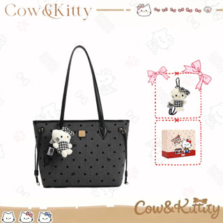 กระเป๋าโท้ต Cow&Kitty สำหรับสุภาพสตรี ขนาดใหญ่ มีลายจุดสีดำแ…