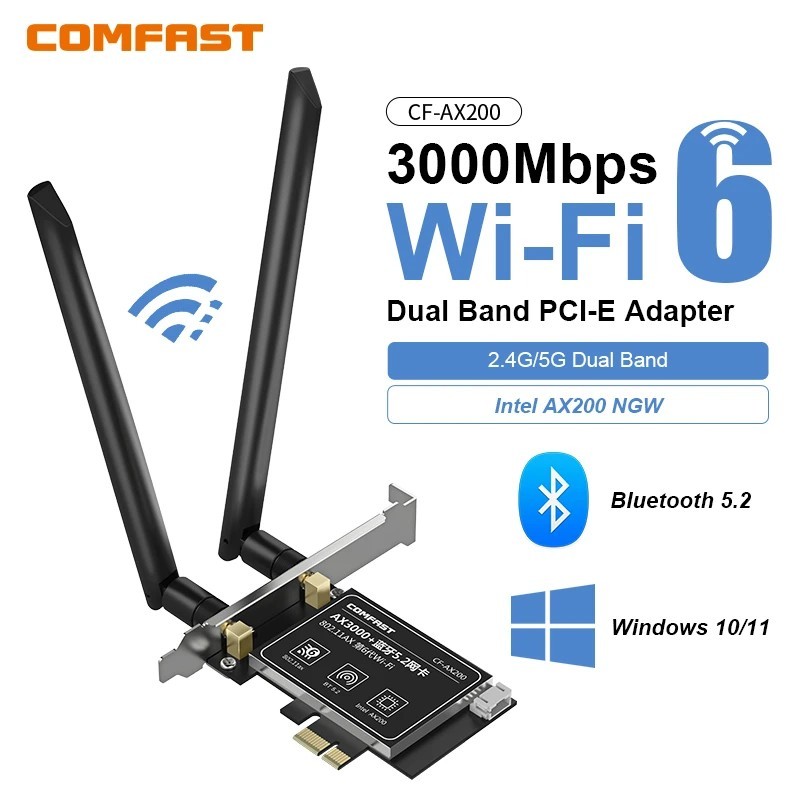 COMFAST WiFi6 PCI-E AX3000 BT5.3 อะแดปเตอร์ไร้สาย Intel AX200 ชิป PCI-Express การ์ดเครือข่าย Dual Ba