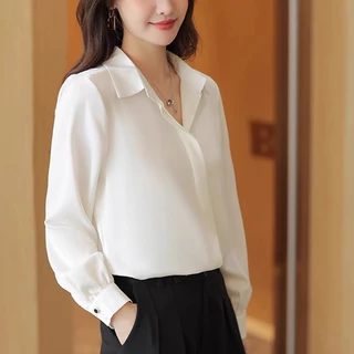 เสื้อเชิ้ตผู้หญิงแขนยาว(ปุ่มซ่อน) ชีฟองสีทึบใส่ทำงาน ใส่สบาย แฟชั่นสตรี สวยเรียบร้อย