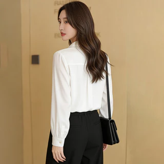 เสื้อเชิ้ตผู้หญิงแขนยาว(ปุ่มซ่อน) ชีฟองสีทึบใส่ทำงาน ใส่สบาย แฟชั่นสตรี สวยเรียบร้อย