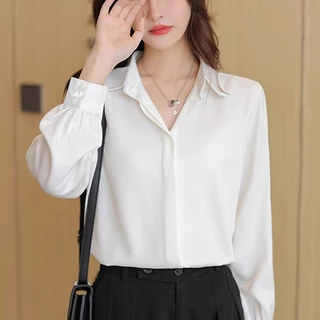 เสื้อเชิ้ตผู้หญิงแขนยาว(ปุ่มซ่อน) ชีฟองสีทึบใส่ทำงาน ใส่สบาย แฟชั่นสตรี สวยเรียบร้อย