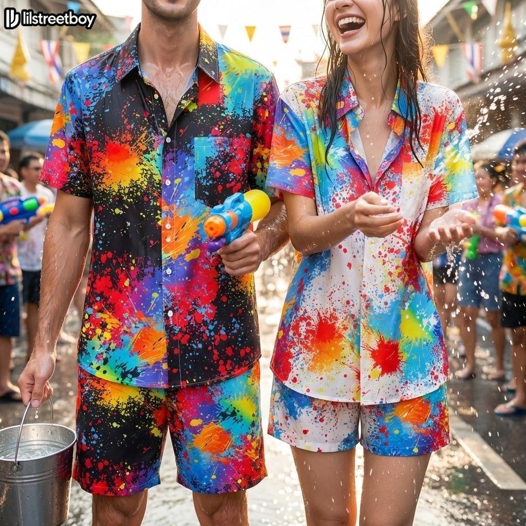 MANSTR เสื้อฮาวายแขนสั้น + กางเกงขาสั้น 2 ชิ้นเซต ปี 2026 ผ้าแห้งเร็ว ทรงหลวม คู่ไปเที่ยวทะเล ใส่สบาย กางเกงขาสั้นยาว 5 นิ้ว (Unisex) Songkran