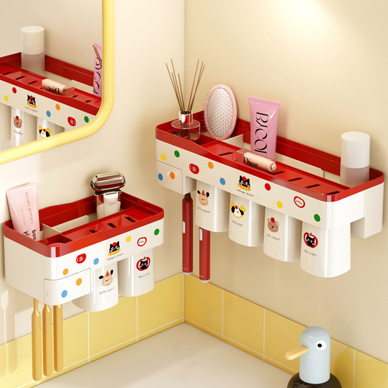ชั้นวางแปรงสีฟันแม่เหล็กติดผนังเจาะฟรีผู้ถือแปรงสีฟันใหม่แปรงห้องน้ําน้ํายาบ้วนปากชั้นวางถ้วย