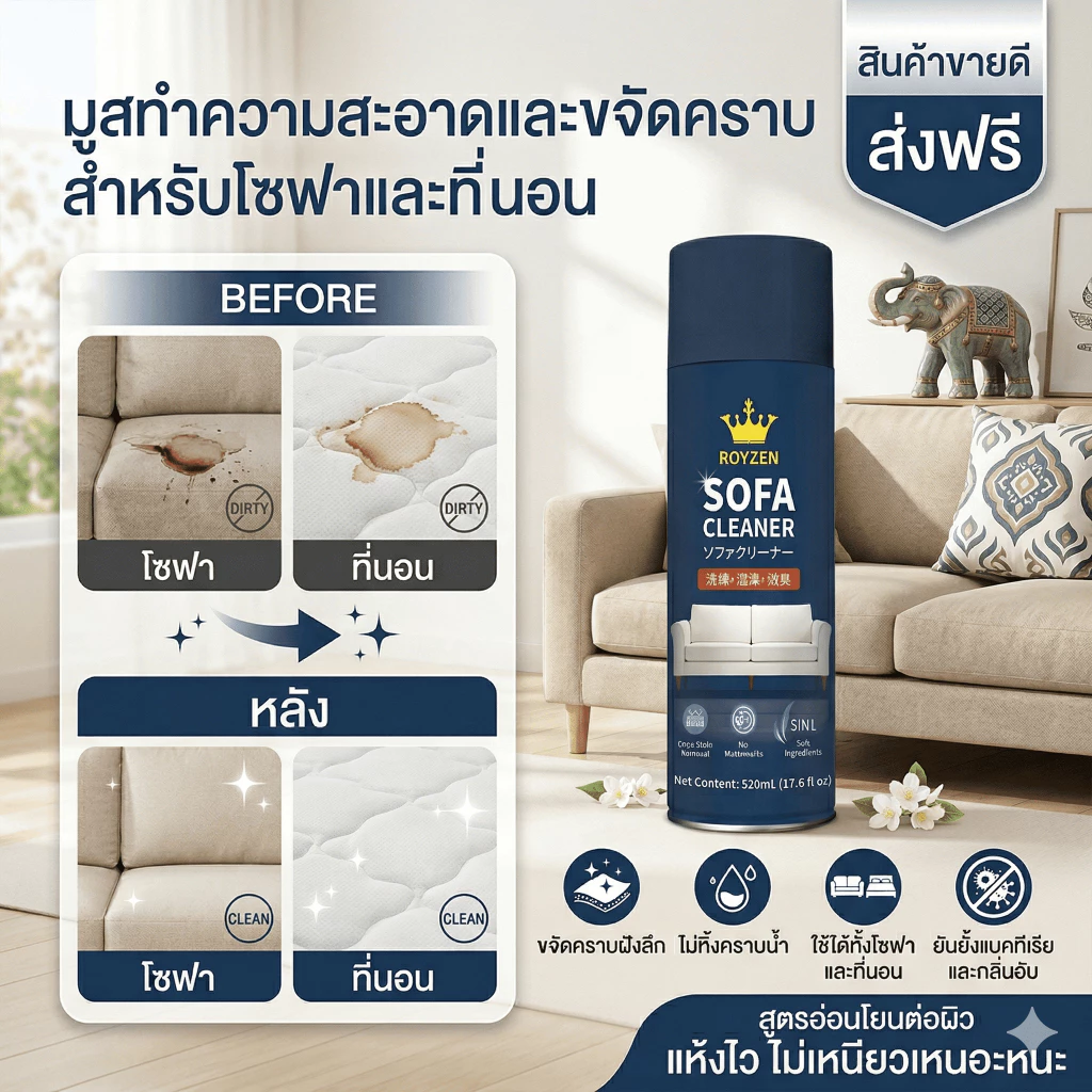 Royzen มูสทำความสะอาดโซฟา พรม ที่นอน ขจัดคราบฝังลึก คราบเหงื่อ กลิ่นหอมสดชื่น คุ้มค่า!