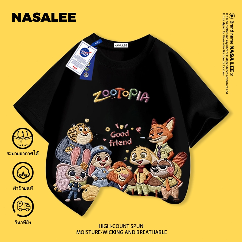 【จัดส่งวันเดียวกัน】เสื้อยืดแขนสั้น NASA สีดำสำหรับเด็ก ผ้าคอตตอนบริสุทธิ์ ระบายอากาศได้ดี สวมใส่สบาย เหมาะกับทั้งเด็กชายและเด็กหญิง ลาย Zootopia แขนสั้น