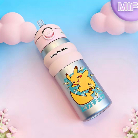 550มล ถ้วยเครื่องดื่มคู่ 304 สแตนเลส ปิกาจู ถ้วยฉนวนขวดน้ํากีฬาแบบพกพาพร้อมที่จับ
