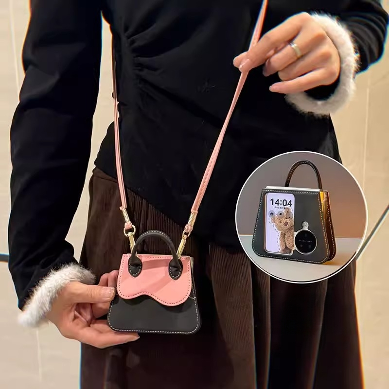 เคสโทรศัพท์แบบฝาพับน่ารักสำหรับ Oppo Find N2 Flip / Oppo Find N3 Flip มาพร้อมดีไซน์กระเป๋าสะพายข้างสุดน่ารักและสายคล้องคอ