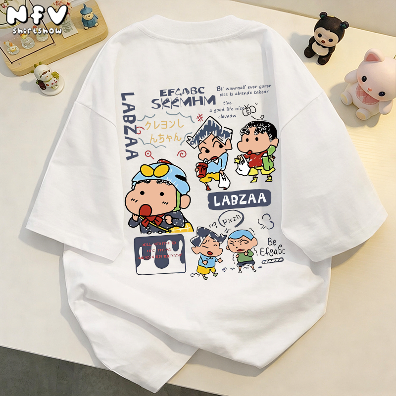 NFV พร้อมส่ง💕ลายพิมพ์ชินจัง เสื้อยืดแขนสั้นคอกลม ทรงหลวม ผ้าคอตตอน 100% ระบายอากาศ ใส่สบาย YG1077