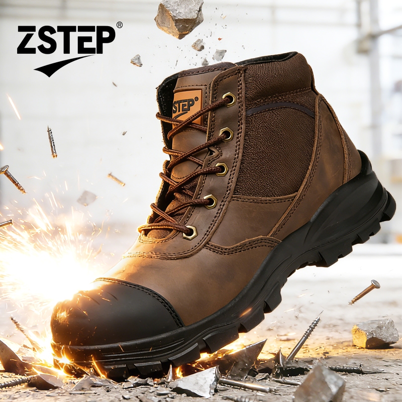 ZSTEP ผู้ชาย Steel Toe รองเท้าทํางาน Anti-Collision Kevlar Anti-Puncture ความปลอดภัยรองเท้าสีน้ําตาล