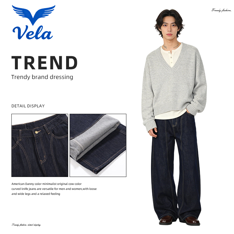 Vela-กางเกงยีนส์ชาย Mens Demin สไตล์เกาหลี ทรงหลวม ขากระบอก ย้อนยุค baggyjeans
