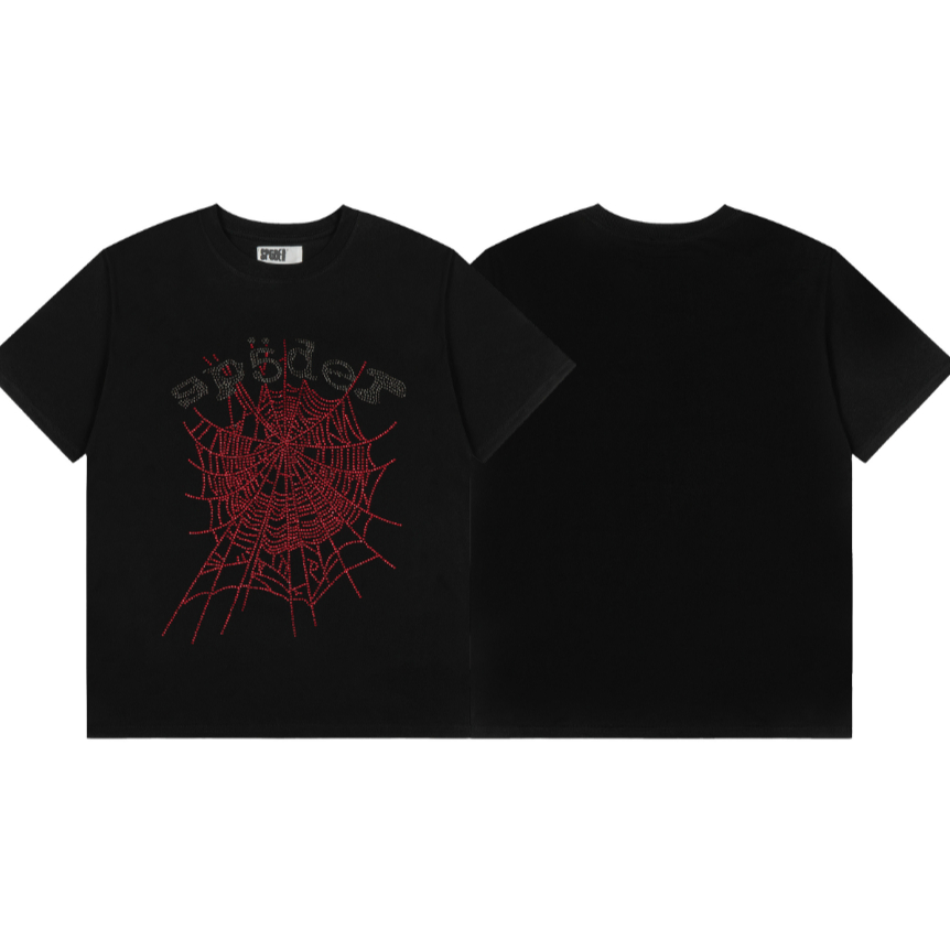 แฟชั่น SP5DER เสื้อยืดแขนสั้นผ้าฝ้ายแท้ rhinestone spider web