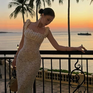 กระโปรงผูกเอวแบบหลังโล่งสำหรับผู้หญิง ดีไซน์เรียบหรู สไตล์โรแมนติกฤดูร้อน