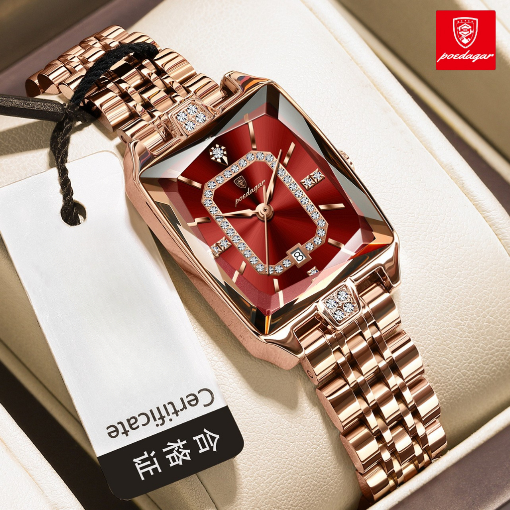 POEDAGAR นาฬิกาสุภาพสตรีทรงสี่เหลี่ยมหรูหรา 30M กันน้ํา | แฟชั่น Rose Gold Diamond-Emped