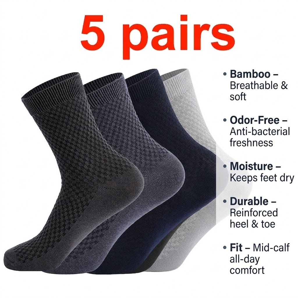 ถุงเท้าชุดใยไผ่ 5 คู่สําหรับผู้ชาย – ระบายอากาศได้ป้องกันกลิ่นกลางลูกวัว, แพ็คของขวัญวันหยุด