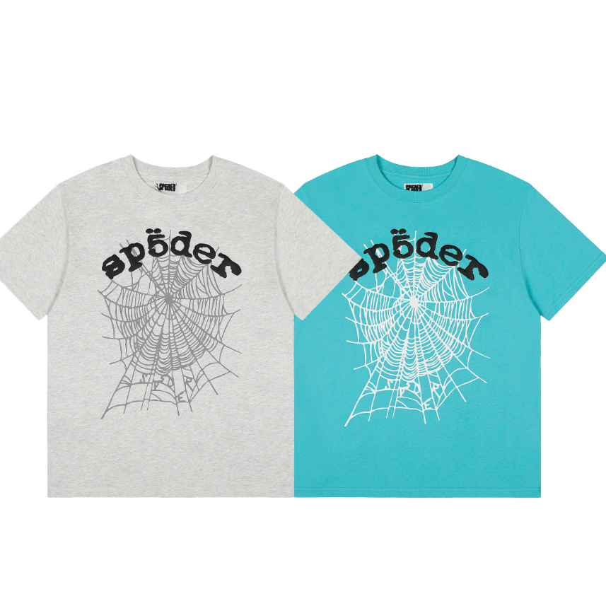 แฟชั่น SP5DER พิมพ์ใยแมงมุมเสื้อยืดแขนสั้นผ้าฝ้ายแท้