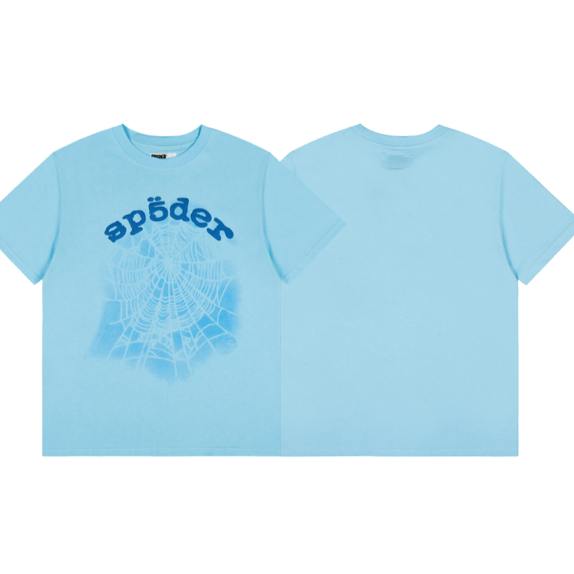 แฟชั่น SP5DER พิมพ์ใยแมงมุมเสื้อยืดแขนสั้นผ้าฝ้ายแท้