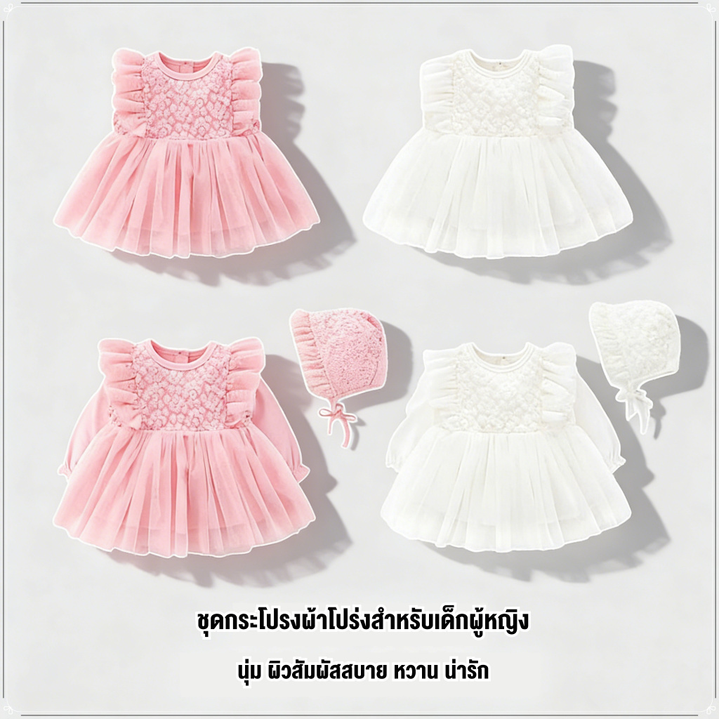 ชุดเดรสเด็กทารกหญิงขอบลูกไม้พร้อมหมวก - รอมเปอร์แขนกุดและแขนยาว สำหรับถ่ายภาพทารกแรกเกิดและโอกาสพิเศษ