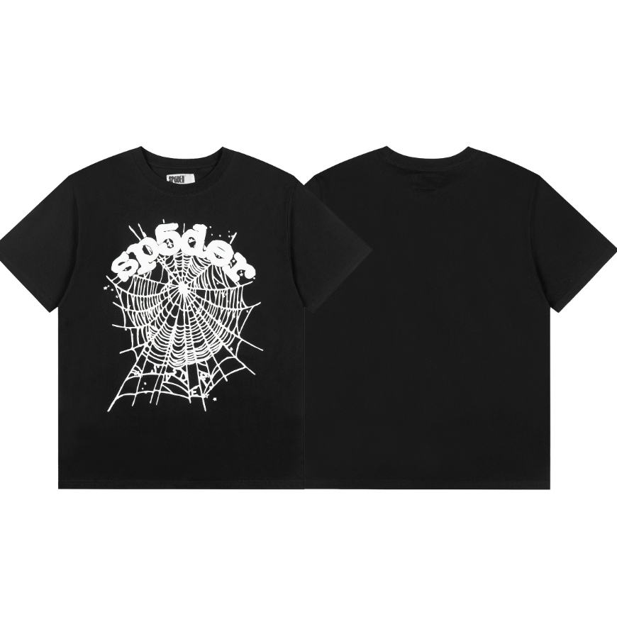 แฟชั่น SP5DER พิมพ์ใยแมงมุมเสื้อยืดแขนสั้นผ้าฝ้ายแท้