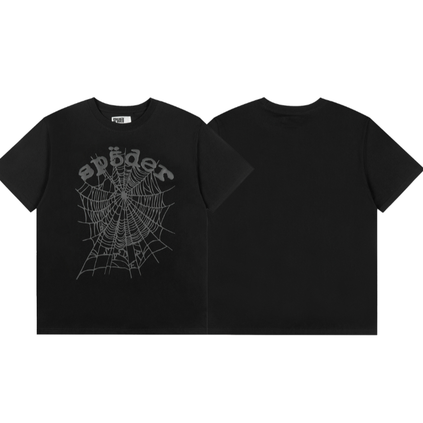 แฟชั่น SP5DER พิมพ์ใยแมงมุมเสื้อยืดแขนสั้นผ้าฝ้ายแท้