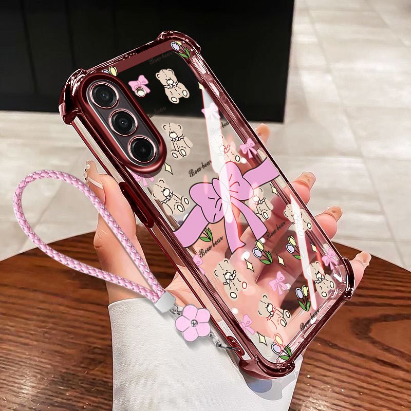 VRQR สําหรับ Samsung Galaxy A56 A36 A26 A16 A57 A37 A17 5G 4G โบว์สดขนาดเล็กโปร่งใส Anti Drop เคสโทรศัพท์พร้อมเชือกดอกไม้
