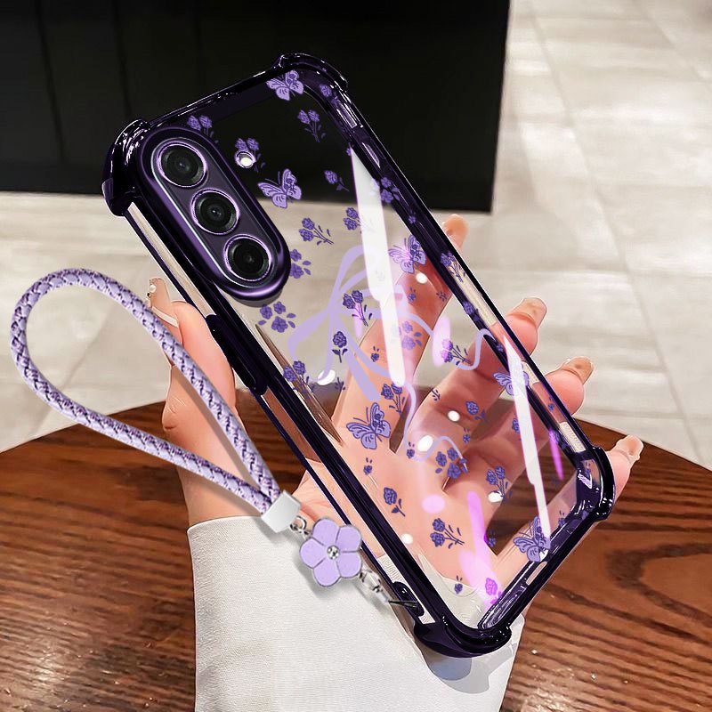 VRQR สําหรับ Samsung Galaxy A57 A37 A17 A56 A36 A26 A16 5G 4G โบว์สดขนาดเล็กโปร่งใส Anti Drop เคสโทรศัพท์พร้อมเชือกดอกไม้