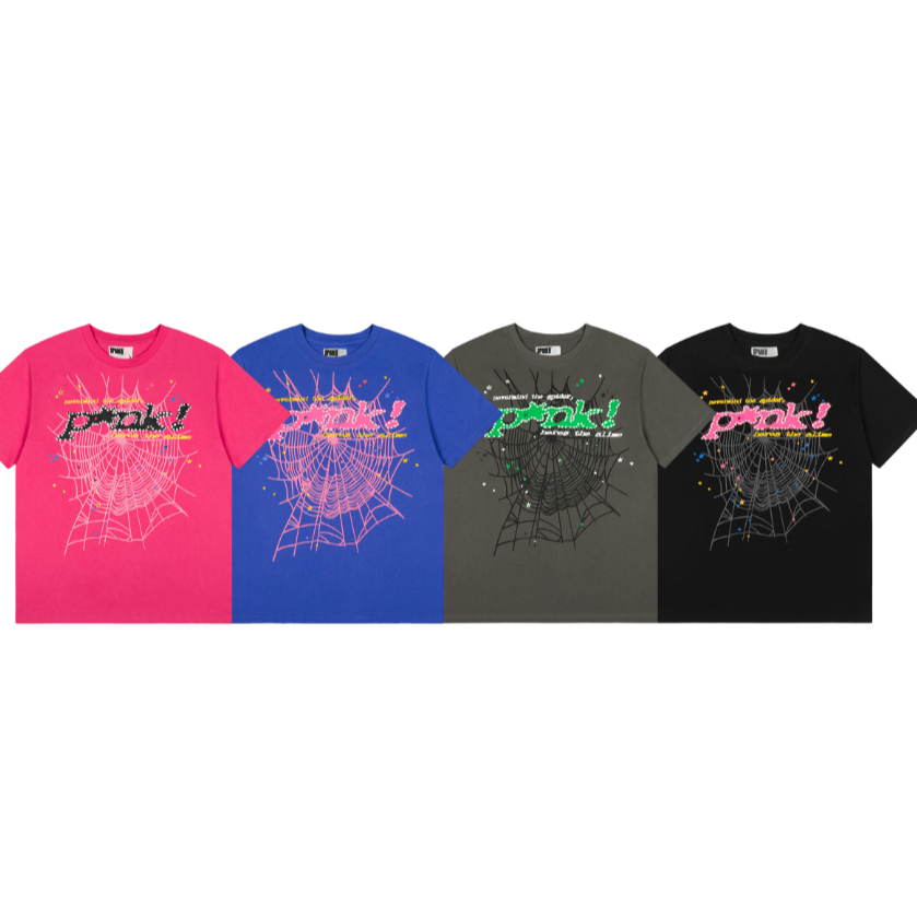 แฟชั่น SP5DER พิมพ์ใยแมงมุมเสื้อยืดแขนสั้นผ้าฝ้ายแท้