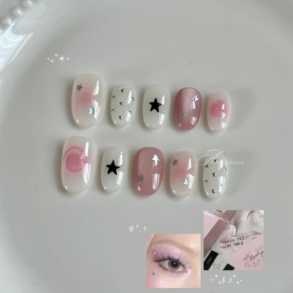 Pink Cats Eye Hand-Painted Wear Nails ins Short Star Spiral Nails Patch