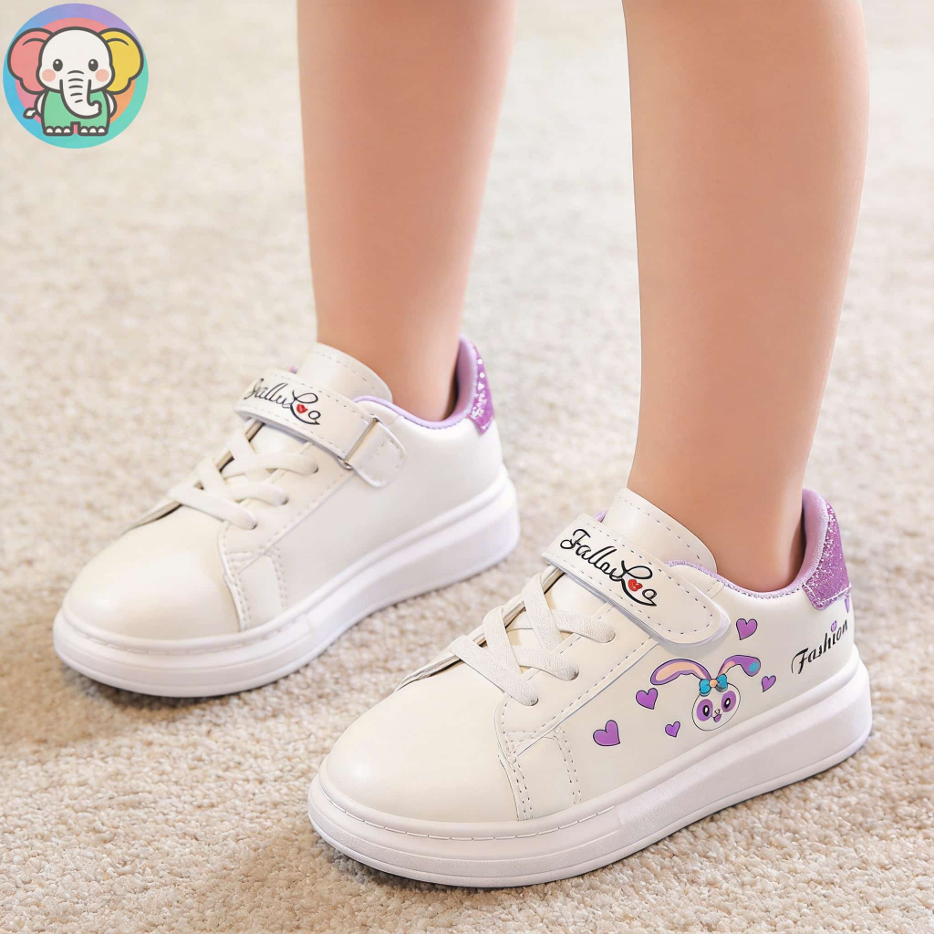 [จัดส่งในพื้นที่] 6-12Years Girls Bunny Print รองเท้าผ้าใบสีขาว Velcro Strap Sparkle รองเท้าลําลองสําหรับเด็กสีชมพูสีม่วง