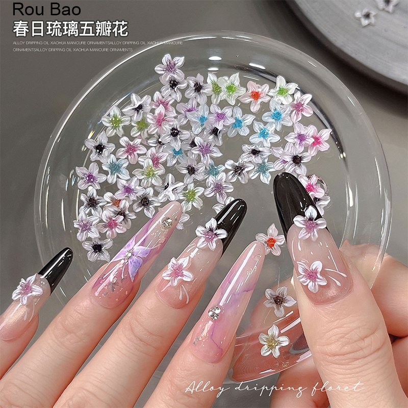 Rou Bao 50 ชิ้นเล็บฤดูใบไม้ผลิห้ากลีบดอกไม้ Girly DIY เล็บ Art Charms ตกแต่ง