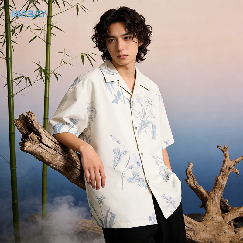 Mabay เสื้อผู้ชาย oversize เสื้อเชิ้ตแขนสั้น ลายดอกไม้ สไตล์วินเทจ สไตล์ขี้เกียจ พักผ่อนที่ฮาวาย ไม่เกิดริ้วรอยง่าย ฤดูร้อนผ้าบาง