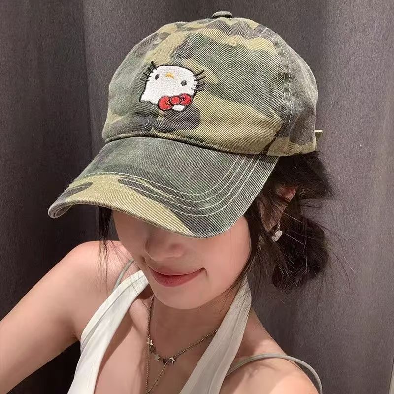 หมวกเบสบอลสไตล์อเมริกันพรางคิตตี้ ลายปักนุ่ม สำหรับสวมใส่ในหน้าร้อนและกันแดด