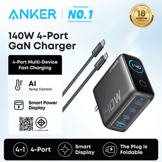 Anker Laptop Charger, 140W Max 4-Port GaN USB C Charger Block พร้อมจอแสดงผลอัจฉริยะ, Fast Charging Power Adapter, Touch Control สําหรับ MacBook, iPad, iPhone 17/16 Series