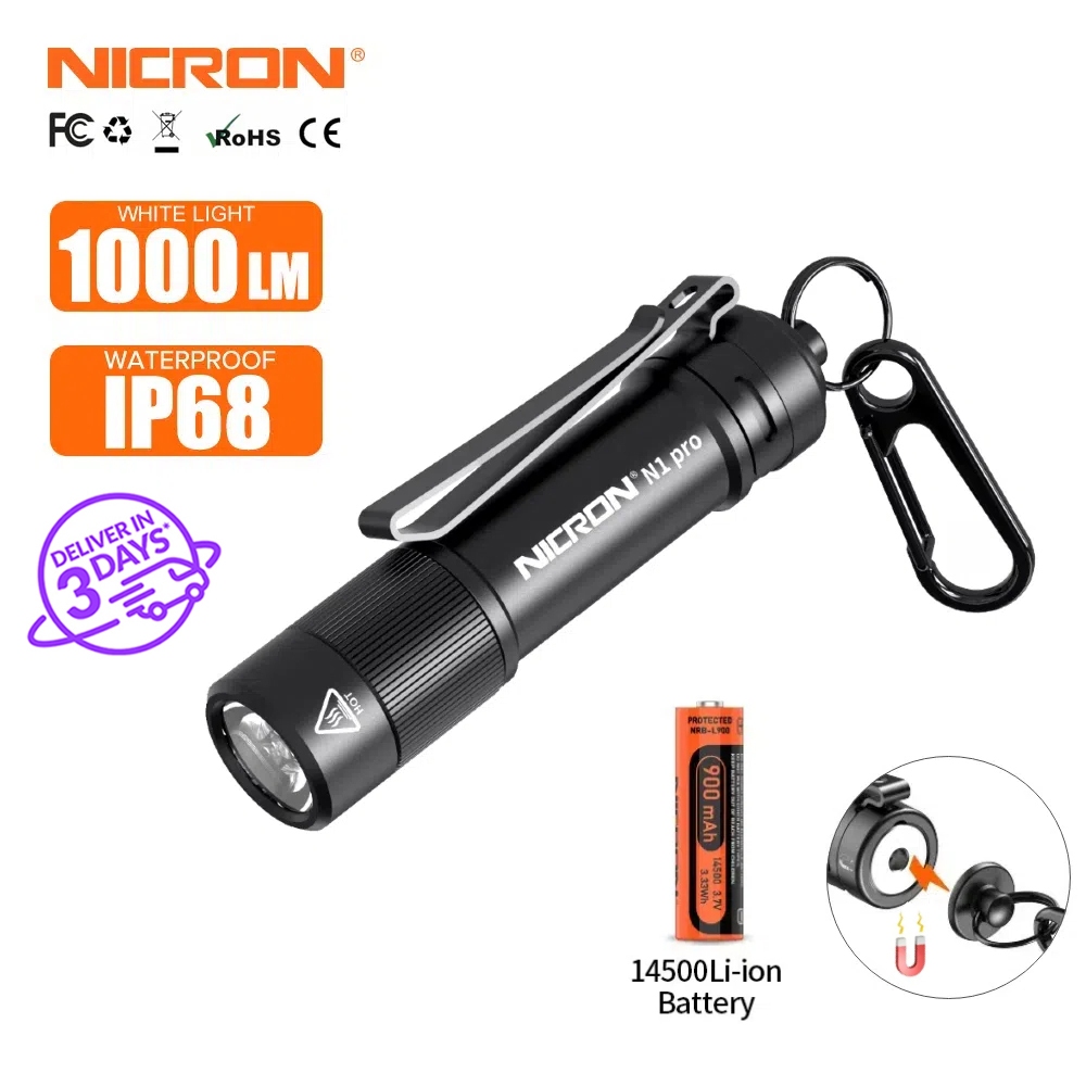 Nicron N1pro EDC ไฟฉาย, 1000 Lumens ไฟฉาย 6 โหมด Dual Fuel AA 14500 กระเป๋าไฟฉายพวงกุญแจและแม่เหล็กกลางแจ้ง, บ้าน Christmas gift