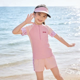 ชุดว่ายน้ำ Rash Guard แขนยาว One Piece สีดำและชมพู สำหรับชายหาด ป้องกัน UV ขนาดสำหรับเด็ก พร้อมสต็อก