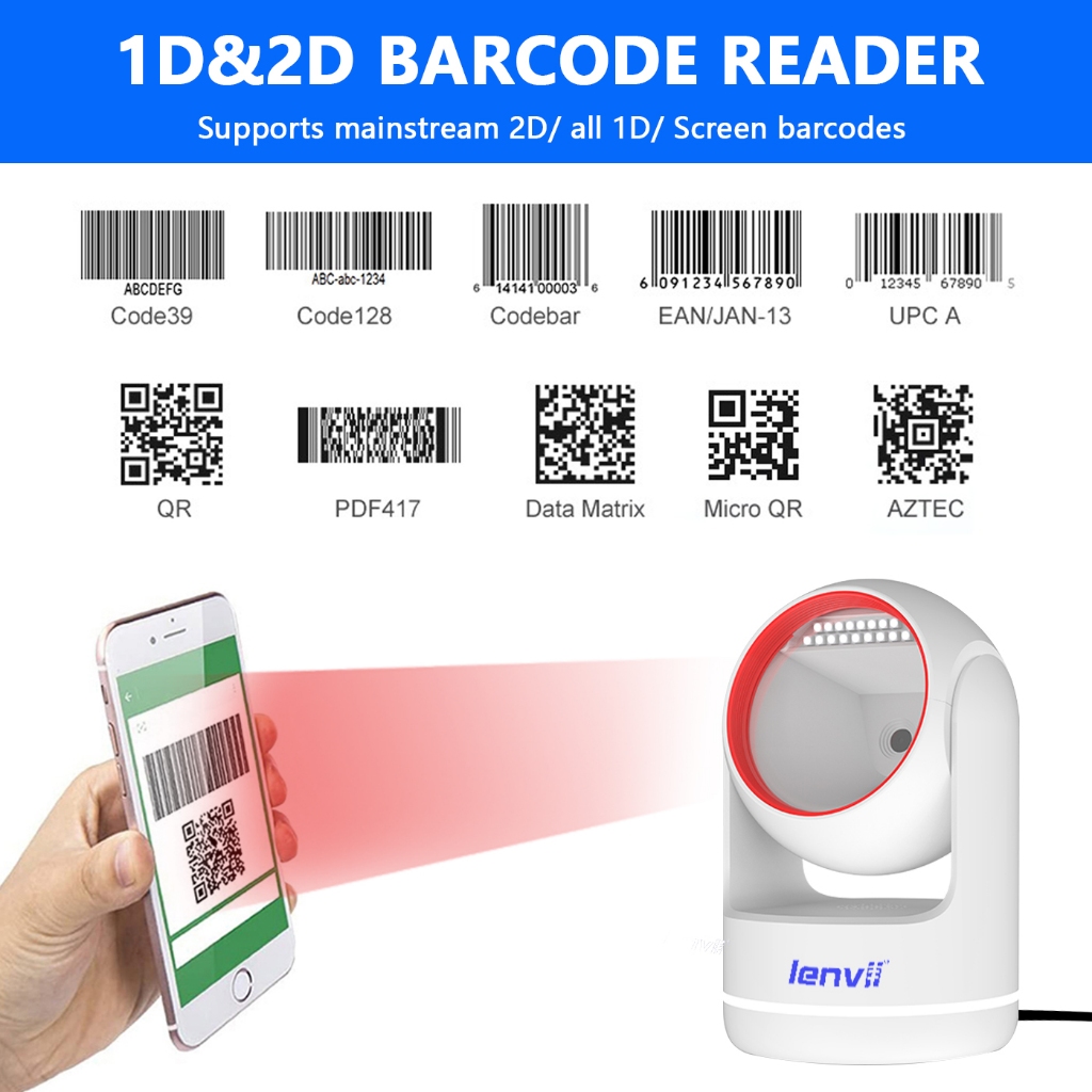 เครื่องสแกนบาร์โค้ด Ommidirectional Desktop 1D/2D QR-code 1D/2D USB