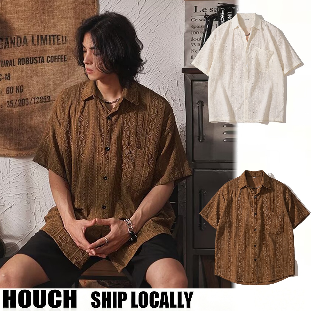Houch พร้อมส่ง COD เสื้อลoose สไตล์เรียบง่ายสำหรับผู้ชาย ดีไซน์ทึบ สบายๆ กับแขนสั้น ได้รับความนิยม