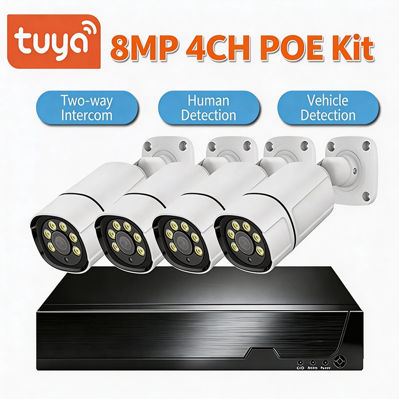 H.265 TUYA SMART HOME SECURITY 4CH 4K CLOUD POE KITS สีเต็มรูปแบบ IP67 โลหะ WEATHERPROOF 2 ทางเสียง 